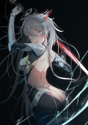 Rule 34 | 1girl, arm armor, arm up, armor, ass, backless outfit, black background, blush, breasts, duel monster, green eyes, grey hair, hair between eyes, hair ornament, highres, holding, holding sword, holding weapon, long hair, looking at another, looking back, mailixiang, medium breasts, open mouth, simple background, sky striker ace - zero, solo, sword, weapon, yu-gi-oh!