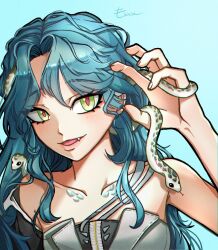 1girl :d artist_name bare_arms bare_shoulders blue_background blue_hair dress esoca fang green_eyes grey_dress hand_up hissabeth long_hair looking_at_viewer open_mouth red_pupils reverse:1999 signature slit_pupils smile snake snake_on_head solo strapless strapless_dress upper_body
