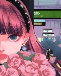 1girl blue_eyes bouquet chan_chikame closed_mouth earrings flower hair_ornament highres jewelry looking_at_viewer original pink_flower pink_hair pink_rose rose solo_focus subway