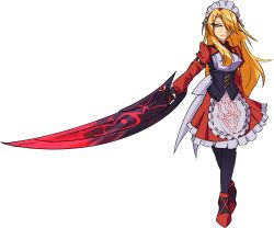 absurdres alternate_design apron black_corset blonde_hair bow corset dress hair_bow hair_ornament hair_over_one_eye highres holding holding_sword holding_weapon jongk_ok long_hair long_sleeves maid maid_headdress red_shoes shoes solo sword touhou touhou_(pc-98) transparent_background weapon yellow_eyes yumeko_(touhou)