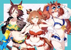 3girls :d absurdres animal_ears bikini breasts brown_hair character_request cleavage collarbone commentary copyright_request english_commentary eyewear_on_head frilled_bikini frills hair_intakes hand_on_own_hip highres holding holding_water_gun horse_ears horse_girl large_breasts multiple_girls navel nekosuzu_an open_mouth orange_hair red_eyes red_hair smile swimsuit v water_gun yellow_eyes