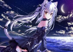 1girl ahoge animal_ear_fluff animal_ears back bare_shoulders black_dress breasts cat_ears cat_girl cat_tail closed_mouth cloud commentary_request cowboy_shot crescent crescent_hair_ornament crescent_moon cross_hair_ornament crossed_bangs detached_sleeves dress frilled_dress frilled_sleeves frills frown hair_between_eyes hair_ornament highres leaning_forward long_hair long_sleeves looking_at_viewer looking_back medium_breasts moon night night_sky ocean original outdoors ptyzr777 scenery short_dress sky sleeveless sleeveless_dress solo standing standing_on_one_leg star_(symbol) star_hair_ornament tail tail_raised thigh_strap twintails white_hair wide_sleeves wind yellow_eyes