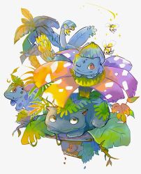 Rule 34 | animal focus, bulbasaur, claws, closed mouth, cutiefly, diglett, evolutionary line, fang, full body, gen 1 pokemon, gen 3 pokemon, gen 7 pokemon, highres, ivysaur, leaf, nintendo, no humans, pokemon, pokemon (creature), red eyes, sparkle, tropius, twitter username, umipokemori, venusaur, white background