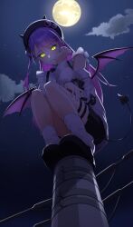 1girl absurdres aran_sweater beret black_hat black_shoes black_skirt black_tail cable_knit cardigan closed_mouth cloud commentary_request demon_girl demon_tail demon_wings ear_piercing frilled_shirt frills from_below full_moon gashino glowing glowing_eyes green_eyes grey_cardigan hair_bun hair_ornament hairclip hand_on_own_cheek hand_on_own_face hand_on_own_thigh hat highres hololive horned_hat jirai_kei long_hair looking_at_viewer looking_down miniskirt moon night night_sky official_alternate_costume official_alternate_hairstyle one_side_up open_cardigan open_clothes piercing pleated_skirt purple_hair shirt shoes single_side_bun skirt sky sleeveless sleeveless_shirt smile socks solo squatting sweater tail tail_ornament tail_piercing thigh_strap tokoyami_towa tokoyami_towa_(jirai_kei) utility_pole virtual_youtuber white_shirt white_socks wings