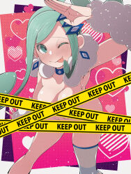 1girl blue_eyes blue_hair blush border breasts caution_tape fujiwara_hiro_(kaede_ciao) highres keep_out lisia_(pokemon) long_hair nintendo one_eye_closed open_mouth pink_background pokemon pokemon_oras solo_focus white_border