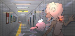 1girl 2others agent_8_(splatoon) bare_shoulders bodysuit ceiling_light chromatic_aberration commentary_request dark-skinned_female dark_skin detached_sleeves drone film_grain from_behind grey_bodysuit highres ink_tank_(splatoon) multiple_others nintendo no_smoking non-humanoid_robot octoling octoling_girl octoling_player_character okaranko pearl_(splatoon) pearl_drone_(splatoon) peeking_out pink_hair poster_(object) robot short_hair single_detached_sleeve sleeveless sleeveless_bodysuit splatoon_(series) splatoon_3 splatoon_3:_side_order suction_cups tentacle_hair the_exit_8 tile_floor tile_wall tiles vent_(object)