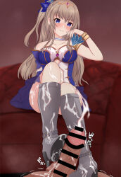1boy 1girl 9-nine- absurdres armlet bar_censor bare_shoulders blue_bow blue_dress blue_eyes blurry blurry_background bootjob boots bow bracelet breasts brown_hair censored choker cleavage closed_mouth collarbone commentary_request commission convenient_leg couch cum cum_on_body cum_on_feet cum_on_legs dress ejaculation erection footjob footjob_with_legwear full_body grey_boots hair_between_eyes hair_bow hand_up hetero high_heel_boots high_heels highres indoors jewelry kujou_miyako large_breasts long_hair looking_at_viewer naughty_face official_alternate_costume official_alternate_hairstyle on_couch one_side_up penis pov pov_crotch ronpa short_dress sitting skeb_commission smile solo_focus sound_effects split_mouth strapless strapless_dress testicles tiara two-footed_footjob two-tone_dress white_choker white_dress
