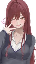 Rule 34 | 1girl, absurdres, blush, breasts, collarbone, collared shirt, dot nose, double-parted bangs, eyebrows hidden by hair, fang, fingernails, grey sweater, grin, hair between eyes, hair intakes, hair over shoulder, half-closed eyes, heart, highres, idolmaster, idolmaster shiny colors, long eyelashes, long fingernails, long hair, long sleeves, looking at viewer, medium breasts, omomochi, one eye closed, open mouth, osaki amana, parted hair, pink nails, red hair, shirt, sidelocks, simple background, skin fang, sleeves past wrists, smile, solo, straight hair, sweater, swept bangs, teeth, thick eyelashes, upper body, upper teeth only, v, v-neck, very long hair, white background, white shirt, yellow eyes