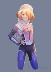 1girl absurdres androgynous bandages blonde_hair bodysuit highres looking_at_viewer mask nintendo red_eyes reverse_trap sheik short_hair simple_background solo supure647 the_legend_of_zelda the_legend_of_zelda:_ocarina_of_time turban