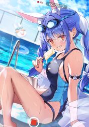 1girl absurdres alternate_costume animal_ears black_one-piece_swimsuit blue_hair braid breasts chameleon_(chameleon0613) competition_swimsuit dutch_angle extra_ears food goggles goggles_on_head grin highleg highleg_one-piece_swimsuit highres hololive jacket long_hair looking_at_viewer medium_breasts multicolored_hair one-piece_swimsuit orange_eyes pool pool_ladder popsicle rabbit_ears rabbit_girl recording see-through_clothes see-through_jacket smile solo swimsuit twin_braids two-tone_hair two-tone_swimsuit usada_pekora virtual_youtuber white_hair
