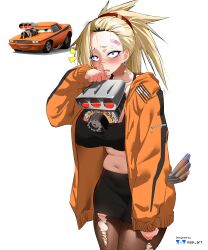 1girl absurdres artist_logo artist_name bandaid bandaid_on_face bandaid_on_forehead black_shorts black_sports_bra blonde_hair blush bra breasts cars_(movie) constricted_pupils crying crying_with_eyes_open exhaust_pipe eyeshadow face_piercing fang genderswap genderswap_(mtf) green_eyes high_ponytail highres jacket logo long_hair looking_at_viewer makeup nisp_art orange_jacket pantyhose personification photo_inset piercing plump ponytail purple_eyeshadow reference_inset short_shorts shorts simple_background sleeves_past_wrists snot solo sports_bra striped_bra striped_clothes striped_jacket striped_shorts tears torn_clothes torn_pantyhose underwear vertical-striped_clothes vertical-striped_jacket white_background zipper zipper_pull_tab
