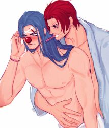 2boys abs beard blue_eyes blue_hair bracelet buggy_the_clown closed_mouth clown_nose collarbone connected_beard facial_hair highres hug hug_from_behind jewelry long_hair male_focus multiple_boys nipples one_piece pectorals red_eyes red_hair scar scar_across_eye scar_on_face shanks_(one_piece) toothbrush toothbrush_in_mouth topless_male towel_around_waist vamos_mk yaoi