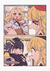 &gt;_&lt; 4girls bad_tag blonde_hair blue_eyes copyright_request crossed_arms highres long_hair looking_at_another multiple_girls niyororinpayamaru open_mouth purple_eyes surprised