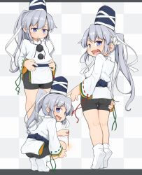 1girl ass bike_shorts black_shorts blue_eyes blue_headwear blue_skirt closed_mouth fireworks grey_hair hand_on_own_ass hat highres holding holding_fireworks japanese_clothes kariginu kneepits long_hair mononobe_no_futo multiple_views open_mouth pom_pom_(clothes) ponytail ribbon senkou_hanabi shorts skirt socks soles sparkler squatting tate_eboshi thighs tiptoes touhou turnip_kabura white_socks
