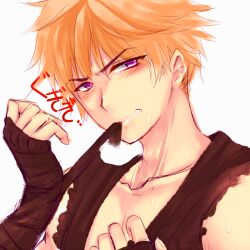 Rule 34 | 1boy, black shirt, blonde hair, blush, clenched teeth, looking at viewer, male focus, official alternate costume, purple eyes, ragnarok online, shirokuro (erisnoa), shirt, short hair, simple background, sleeveless, sleeveless shirt, solo, sura (ragnarok online), teeth, upper body, v-shaped eyebrows, white background