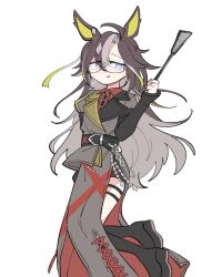 1girl ahoge animal_ears black_gloves black_shoes blonde_hair blue_eyes brown_hair coat dream_journey_(umamusume) eyewear_strap flyswatter full_body glasses gloves grey_coat hair_between_eyes highres holding horse_ears horse_girl lace_sleeves long_hair looking_at_viewer multicolored_hair red_shirt shirt shoes simple_background single_hair_intake smile solo umamusume usami_(pu_vo4) white_background white_hair