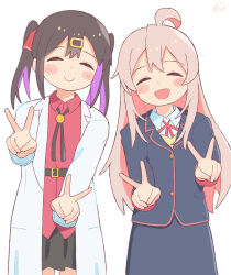 2girls :d ^_^ ahoge black_hair black_jacket black_skirt blush_stickers bolo_tie c: closed_eyes coat commentary double_v facing_viewer hair_between_eyes hair_ornament hairclip happy highres jacket lab_coat long_hair long_sleeves multicolored_hair multiple_girls omochi_tabeyo97 onii-chan_wa_oshimai! open_clothes open_coat open_mouth oyama_mahiro oyama_mihari pink_hair purple_hair red_shirt school_uniform shirt siblings simple_background sisters skirt smile twintails two-tone_hair v white_background wing_collar