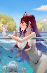 4girls absurdres ahoge animal_ears bikini blue_eyes blue_hair blue_sky breasts ceres_fauna derivative_work distortion drinking_straw elizabeth_rose_bloodflame fins fish_tail gawr_gura glass_wall green_hair hair_ornament highres hololive hololive_english huge_ahoge large_breasts long_hair multicolored_hair multiple_girls nikatsun one-piece_swimsuit outdoors panther_ears panther_girl panther_tail partially_underwater_shot pink_hair pool raora_panthera red_bikini red_eyes red_hair red_nails shark_girl shark_tail sky swimsuit tail tree_horns virtual_youtuber white_one-piece_swimsuit