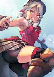 Rule 34 | 1girl, black shorts, blue sky, bow, braid, breasts, brown scarf, commentary request, eyeliner, facing viewer, fingernails, fire emblem, fire emblem engage, framme (fire emblem), grey hair, grin, hair bow, hat, hinoru saikusa, kicking, lens flare, long hair, looking to the side, makeup, nintendo, pink bow, pink eyeliner, plaid clothes, plaid scarf, scarf, shorts, single braid, sky, smile, solo, yellow eyes