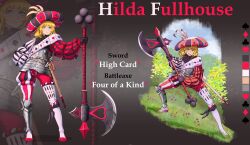 1girl aqua_eyes armor axe battle_axe blonde_hair bush closed_mouth commentary english_commentary english_text full_body grass haonfest highres holding holding_weapon landsknecht long_hair looking_at_viewer multiple_views open_mouth original plate_armor playing_card_print scabbard sheath sheathed smile sword teeth upper_teeth_only weapon
