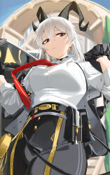 1girl absurdres black_eyes black_gloves black_horns black_pants blue_sky breasts button_gap closed_mouth commentary cowboy_shot curled_horns day earrings gloves grey_hair hair_between_eyes high-waist_pants highres horns jewelry key_earrings large_breasts long_hair looking_at_viewer mole mole_under_eye multicolored_eyes multicolored_hair necktie nun178089 outdoors pants red_eyes red_necktie shirt shirt_tucked_in sky solo streaked_hair two-tone_eyes white_shirt wuthering_waves zani_(wuthering_waves)
