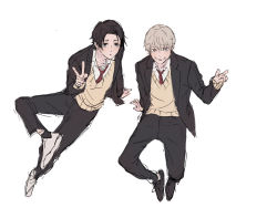 2boys bags_under_eyes black_eyes black_hair black_pants blazer expressionless hair_between_eyes hair_over_one_eye inumaki_toge jacket jujutsu_kaisen looking_at_viewer multiple_boys okkotsu_yuuta pants parted_bangs peace_symbol purple_eyes red_neckwear school_uniform short_hair sweater white_background white_hair
