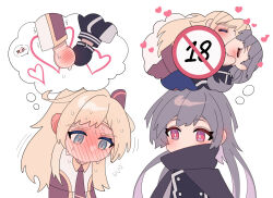 2girls another_ship_dynamic_i_enjoy_(meme) blonde_hair blush brown_necktie chinese_commentary collared_dress commentary_request couple dress duel_monster emptyayya eye_contact gloves grey_hair highres holding_hands holding_hands_is_lewd long_hair long_sleeves looking_at_another meme mixed-language_commentary multiple_girls necktie shirt sky_striker_ace_-_raye sky_striker_ace_-_roze sweat yoshi_and_toad_kissing_(meme) yu-gi-oh! yuri