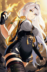 1girl armlet breasts chinese_clothes chinese_coin elbow_gloves fingerless_gloves flaming_hand gloves gold_armlet hair_ornament hairclip highres jewelry long_hair looking_at_viewer mal_to_mal medium_breasts parted_lips single_elbow_glove single_thighhigh solo swept_bangs tassel thick_thighs thighhighs thighs tight_clothes tsurime very_long_hair white_hair yellow_eyes yi_xuan_(zenless_zone_zero) zenless_zone_zero