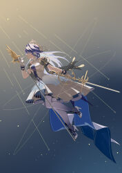 1girl absurdres arknights astesia_(arknights) astesia_(frlibe_on_the_palace)_(arknights) big_dipper blue_background blue_eyes blue_hair dress feimaobushuomiao gloves gradient_background gradient_pantyhose hair_ornament high_heels highres holding holding_microphone_stand holding_sword holding_weapon light_smile long_hair microphone microphone_stand music orbital_path orbited pantyhose parted_lips shoes shooting_star simple_background singing solo star_(sky) sword weapon white_dress white_pantyhose white_shoes yellow_background