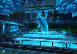Rule 34 | abandoned, animal, broken window, building, cloud, dilapidated, fish, night, night sky, no humans, original, outdoors, pool, post-apocalypse, railing, railroad tracks, ruins, scenery, sign, sky, star (symbol), tokyogenso, translation request, water