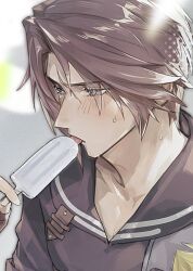 1boy alternate_costume black_sailor_collar black_shirt blue_eyes blurry blurry_background brown_hair chinese_commentary cloud_strife cloud_strife_(maritime_sailor) cloud_strife_(maritime_sailor)_(cosplay) commentary_request cosplay final_fantasy final_fantasy_viii food hand_up hot licking lily_(shio1006) looking_to_the_side male_focus parted_bangs popsicle sailor sailor_collar scar scar_on_face shirt solo_focus squall_leonhart sweat tongue tongue_out upper_body