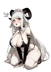 1girl animal_ears bangle bare_shoulders between_legs bikini black_choker blunt_bangs blush bracelet breasts choker cleavage cow_ears cow_horns criss-cross_halter cross cross_choker curled_horns detached_sleeves duplicate frilled_bikini frilled_sleeves frills goat_ears goat_girl goat_horns halterneck hand_between_legs highres horns jewelry large_breasts long_hair long_sleeves looking_at_viewer maid maid_bikini maid_headdress navel open_mouth original pale_skin red_eyes rusellunt sandals seiza sidelocks simple_background sitting solo stomach string_bikini swimsuit thick_thighs thighhighs thighs unconventional_maid v_arms very_long_hair white_background white_hair