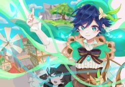 Rule 34 | 2boys, androgynous, aqua hair, beret, blue hair, braid, brown corset, cape, corset, flower, genshin impact, gradient hair, green cape, green eyes, green headwear, hair flower, hair ornament, hat, highres, light blush, long sleeves, multicolored hair, multiple boys, nameless bard (genshin impact), short hair with long locks, signature, smile, twin braids, upper body, ven wk, venti (genshin impact), white flower