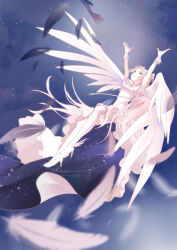 2girls absurdres akemi_homura akuma_homura angel_wings ankle_wings arms_up black_feathers blurry brooch cleavage_cutout clothing_cutout depth_of_field dress facing_up falling_feathers feathered_wings feathers gem gloves high-low_dress high_heels highres jewelry kaname_madoka light_particles long_hair looking_up mahou_shoujo_madoka_magica mahou_shoujo_madoka_magica:_hangyaku_no_monogatari midair multiple_girls out_of_frame pink_feathers pink_hair print_dress red_brooch red_gemstone sakuri_draw shoes sky solo_focus star_(sky) starry_sky starry_sky_background starry_sky_print thighhighs third-party_source two-sided_dress two-sided_fabric two_side_up ultimate_madoka very_long_hair white_dress white_feathers white_gloves white_shoes white_thighhighs wings yellow_eyes