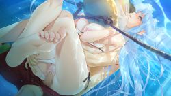 1boy 1girl barefoot bikini bikini_bottom_aside bishoujo_mangekyou bishoujo_mangekyou:_wasurenagusa_to_eien_no_shoujo bishoujo_mangekyou_(series) blue_hair blush breasts buoy censored cleavage clothing_aside crossed_legs feet from_behind game_cg green_eyes happoubi_jin hetero kanzaki_akihito large_breasts lips long_hair mosaic_censoring nipple_slip nipples partially_submerged penis pussy sawatari_shizuku sex side-tie_bikini_bottom sitting smile soles string_bikini swimsuit swimsuit_aside toes underwater underwater_sex vaginal water white_bikini