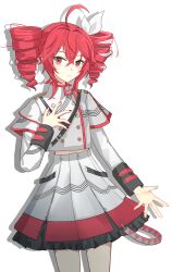 1girl absurdres ahoge buttons closed_mouth cowboy_shot drill_hair grey_jacket grey_skirt hair_between_eyes hair_ribbon hand_on_own_chest heli_herri highres jacket kasane_teto kasane_teto_(sv) long_sleeves looking_at_viewer red_eyes red_hair red_nails red_trim ribbon shoulder_belt simple_background skirt solo synthesizer_v twin_drills utau white_background white_ribbon