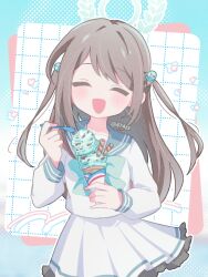 1girl airi_(blue_archive) anzen_robo_(474zz) blue_archive brown_hair closed_eyes cowboy_shot food food-themed_hair_ornament green_halo hair_ornament halo holding holding_food holding_ice_cream_cone holding_ice_cream_scoop ice_cream ice_cream_cone long_hair open_mouth pleated_skirt shirt skirt solo standing white_shirt white_skirt