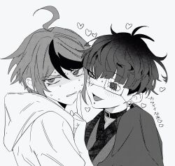 2boys ahoge blush choker earrings eyepatch face_piercing facial_mark greyscale haori heart highres hood hoodie jacket japanese_clothes jewelry kimono looking_at_another male_focus mito_(commando_seagal) monochrome multicolored_hair multiple_boys omokage_yugamu piercing short_hair smile streaked_hair sumino_takumi sweat the_hundred_line_-last_defense_academy- yaoi