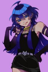 Rule 34 | ahoge, belt, black dress, black gloves, blue eyes, bridal gauntlets, crossdressing, crossdressing (mtf), dress, elbow gloves, gloves, highres, kr27, licking lips, long hair, mairimashita! iruma-kun, purple background, simple background, suzuki iruma, tongue, tongue out