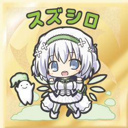 1girl :d blue_eyes blush breasts character_name chibi dress flower flower_knight_girl food green_hairband hair_between_eyes hair_flower hair_ornament hairband hands_up large_breasts long_sleeves mooley_(flower_knight_girl) open_mouth pantyhose radish ri-net round_teeth silver_hair sleeves_past_wrists smile suzushiro_(flower_knight_girl) teeth upper_teeth_only white_dress white_flower white_footwear white_pantyhose