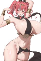 1girl absurdres ancient_egyptian_clothes armlet armpits arms_up azur_lane bare_shoulders belly_chain blush bracelet breast_curtains breasts bremerton_(azur_lane) circlet closed_eyes commentary_request cosplay cowboy_shot earrings gold_earrings gold_thighlet grey_hair groin hair_between_eyes hair_intakes highres jewelry large_breasts long_hair maggiore_baracca_(azur_lane) maggiore_baracca_(azur_lane)_(cosplay) maggiore_baracca_(the_god_craves_punishment)_(azur_lane) mole mole_under_eye multicolored_hair navel open_mouth out-of-frame_censoring pelvic_curtain pink_hair revealing_clothes rk_(cc15915r) sidelocks simple_background skindentation solo standing stomach streaked_hair sweat thighlet twintails two-tone_hair usekh_collar white_background
