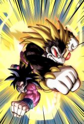 2boys alternate_form big_hair black_fur black_hair blue_sash charging_forward commentary crossover donkey_kong donkey_kong_(series) donkey_kong_bananza dragon dragon_ball dragon_ball_gt dragon_fist_(dragon_ball) eastern_dragon emphasis_lines english_commentary furry furry_male gold_scales gold_skin golden_dragon gorilla highres incoming_attack kartunicban kong_bananza looking_at_viewer male_focus monkey_boy monkey_tail multiple_boys muscular muscular_male necktie nintendo open_mouth outstretched_arms pants pectorals red_fur red_necktie saiyan sash son_goku spiked_hair super_saiyan super_saiyan_4 tail teeth yellow_eyes yellow_pants yellow_scales