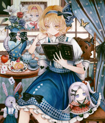 1girl absurdres ace_(playing_card) ace_of_clubs ace_of_diamonds alice_margatroid alice_margatroid_(pc-98) apple black_bow blonde_hair blue_bow blue_butterfly blue_flower blue_hairband blue_rose blue_skirt book bow bug butterfly card chair character_doll cherry chinese_commentary club_(shape) collared_shirt commentary_request cup curtains diamond_(shape) doll flower food food_request frilled_shirt_collar frills fruit grimoire grimoire_of_alice hair_bow hairband heart highres holding holding_book hourai_kiriri indoors insect lily_(flower) open_book picture_frame plate playing_card reading red_flower red_rose rose shinki_(touhou) shirt skirt solo strawberry stuffed_animal stuffed_rabbit stuffed_toy suspender_skirt suspenders table teacup teapot touhou touhou_(pc-98) vase watermark watermark_grid white_flower white_lily white_shirt window yellow_butterfly yellow_eyes