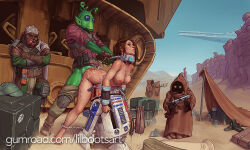 1girl 5boys alien antennae artist_name astromech_droid bdsm bondage bound breasts brown_hair brown_pants brown_robe clothes_pull collar colored_skin cum cum_in_pussy cum_on_body cum_on_breasts cum_on_upper_body day energy_sword green_skin gumroad_username hetero holding holding_sword holding_weapon hooded_robe interspecies jawa large_breasts lightsaber lilboots multiple_boys outdoors pants pants_pull pointy_ears rape red_shirt rey_(star_wars) robe rodian shirt slave star_wars sword watermark weapon web_address