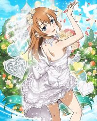Rule 34 | 1girl, alternate costume, artist request, back, bare shoulders, blue eyes, blue sky, blush, bouquet, breasts, bridal veil, card (medium), charlotte e. yeager, choker, day, dress, falling petals, flower, holding, holding bouquet, large breasts, looking at viewer, looking back, official art, open mouth, orange hair, outdoors, petals, sky, standing, strike witches, veil, wedding dress, white choker, world witches series