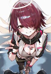 1boy absurdres arknights bar_censor black_gloves blush body_writing breasts brown_eyes censored cleavage exusiai_(arknights) fingerless_gloves gloves hair_over_one_eye handjob heart highres jacket looking_at_viewer medium_breasts motion_lines penis pov pov_crotch red_hair short_hair smile solo_focus suujiniku sweat v white_jacket wings