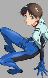 Rule 34 | 1boy, arm support, blue eyes, brown hair, commentary request, full body, grey background, highres, ikari shinji, interface headset (evangelion), invisible chair, looking up, male focus, mecha pilot suit, neon genesis evangelion, open mouth, plugsuit (evangelion), sanpaku, short hair, simple background, sitting, solo, yellowfish