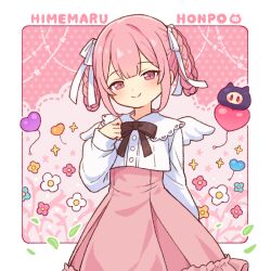 1girl angel_wings balloon braid braided_hair_rings closed_mouth collared_shirt commentary_request cropped_shirt dress_shirt hair_ribbon hair_rings hand_up heart_balloon high-waist_skirt long_sleeves looking_at_viewer onyhakase original pink_eyes pink_hair pink_skirt ribbon shirt short_hair skirt smile solo white_ribbon white_shirt white_wings wings