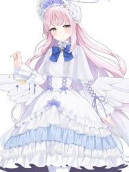 1girl absurdres adapted_costume blue_archive blue_bow blue_bowtie blush bonnet bow bowtie closed_mouth commentary_request dress feathered_wings hand_up highres long_hair long_sleeves looking_at_viewer low_wings mika_(blue_archive) mochiko_(uyu_omochi) pink_hair simple_background smile solo very_long_hair white_background white_bonnet white_dress white_wings wings yellow_eyes