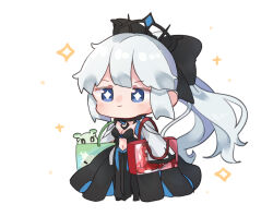 black_bow black_dress blue_eyes bow con_(fate) dress fate/grand_order fate_(series) hair_between_eyes hair_bow highres long_hair long_sleeves morgan_le_fay_(fate) ponytail shigure_(ffrh7824) simple_background smile spikes tiara white_hair